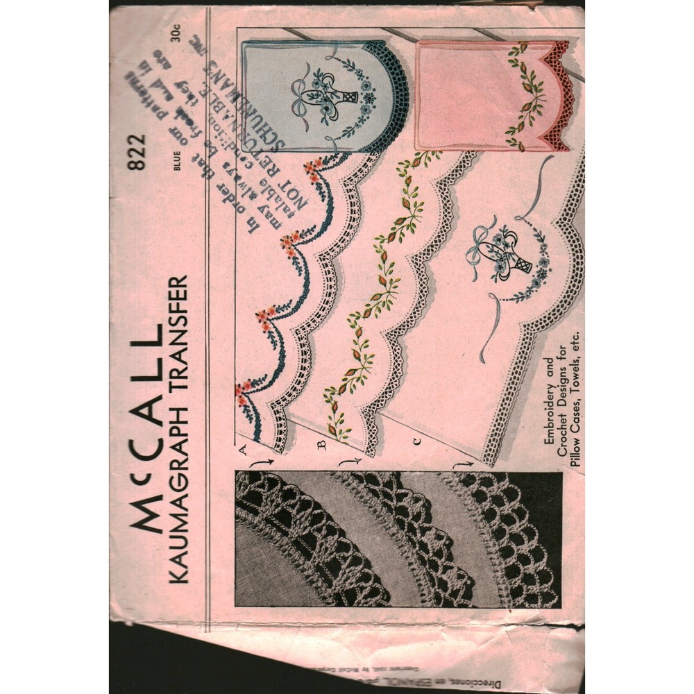 Vintage McCall 822 Kaumagraph Transfer Embroidery Crochet Pillow Case Pattern